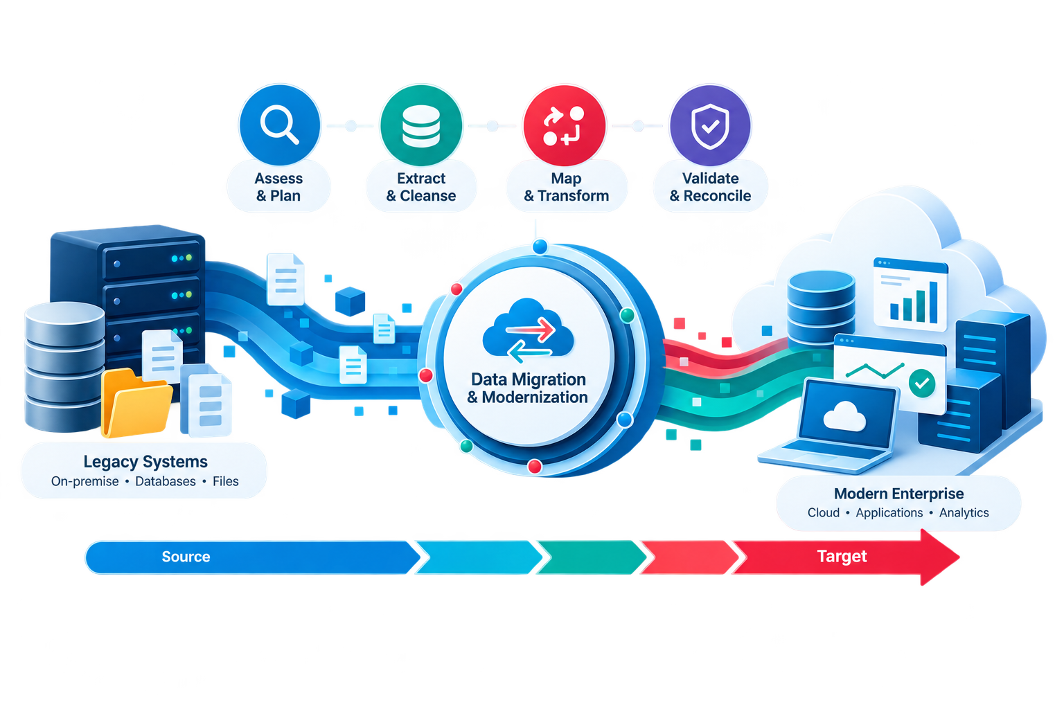 الرسم التوضيحي لترحيل البيانات والتحديث: الأنظمة القديمة تمر عبر التقييم والتخطيط، والاستخراج والتنقية، والتخطيط والتحويل، والتحقق والمطابقة، لتصل إلى مؤسسة حديثة متصلة بالسحابة والتطبيقات والتحليلات